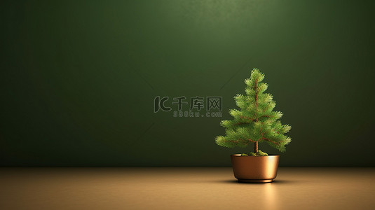圣诞节花瓶背景图片_绿色和青铜色 3D 盆栽冷杉或云杉树，具有充足的复制空间和插图