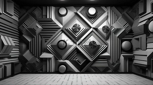 砖石背景与现代扭曲 3D 渲染黑白几何墙设计