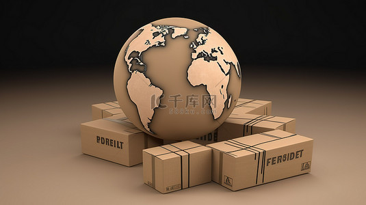 商货物背景图片_地球和包裹注入免费送货概念标志 3d 渲染