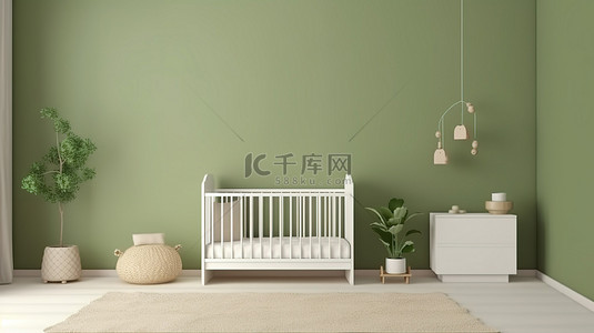 3D 渲染托儿所的正面视图，配有白色婴儿床和宁静的绿色墙壁
