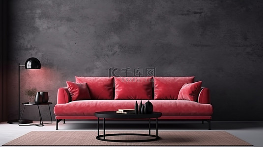 红色沙发和黑色咖啡桌位于黑墙上阳光明媚的模型框架中，水泥地板