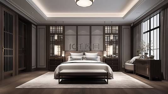 酒店套房配有现代中式卧室和衣柜，豪华 3D 渲染