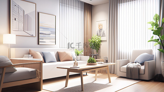 画展墙壁背景图片_现代室内客厅配有白墙沙发 3D 渲染和插图