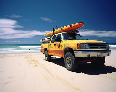 邓达斯黄金海岸海滩上带冲浪板的卡车