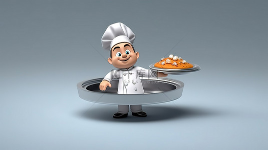 国潮厨师背景图片_卡通厨师自豪地在银托盘上呈现菜肴
