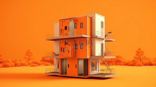 高耸的单色立体声舱与充满活力的橙色背景 3D 渲染