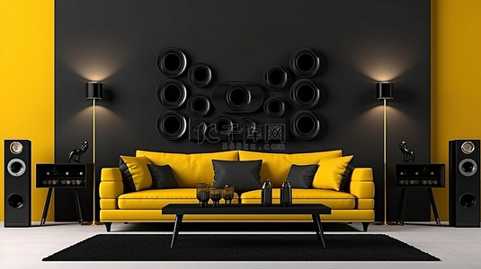 系统增强背景图片_时尚的现代黑色内饰，配有充满活力的黄色沙发和高科技扬声器系统，由框架模型 3D 插图增强