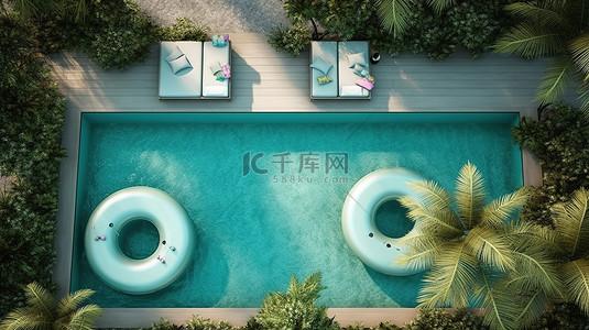 3D 渲染中配有躺椅笔记本电脑和游泳圈的泳池顶视图