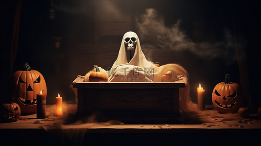 万圣节快乐 3D 插图横幅，配有怪异的幽灵棺材和南瓜
