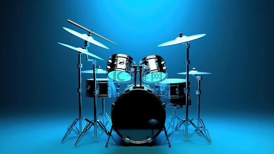 充满活力的蓝色背景上光滑的黑色鼓套件的 3D 渲染