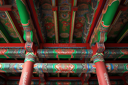 长城背景图片_韩国宗教建筑内色彩鲜艳的天花板