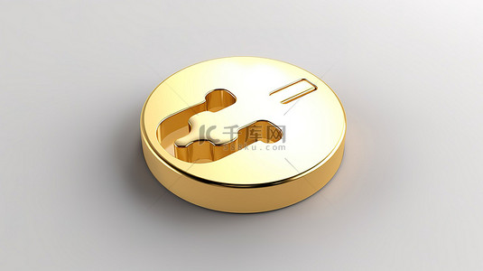 3D 渲染圆形钥匙按钮，带有金色装饰的拼图图标，时尚的 ui ux 元素