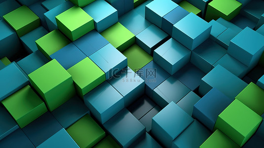 关闭灰色背景上抽象绿色和蓝色块的 3D 渲染