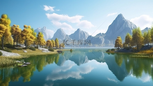 清浅色背景图片_3d 渲染中的湖泊和山脉景观背景