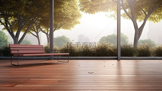华丽的户外休闲露台的 3D 渲染，享有令人惊叹的公园景观和沙发长凳