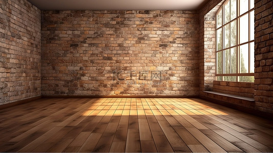 带木地板和风化砖墙的内部房间的质朴魅力 3D 渲染