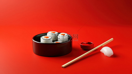 红色食品海报背景图片_充满活力的红色背景上的寿司和筷子的简约 3D 渲染