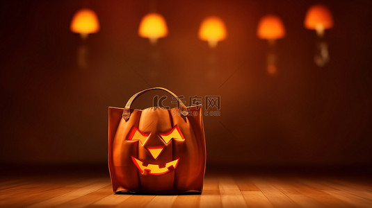 秋季海报背景图片_万圣节零售疗法拿着一个袋子和一个咧着嘴笑的杰克灯笼南瓜 3D 渲染，有足够的文本空间