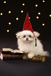 拿着帽子背景图片_一只戴着魔法帽的小狗，拿着一本书和一个