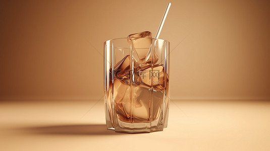 饮背景图片_米色背景下冰和稻草饮料玻璃 3D 渲染中的茶点