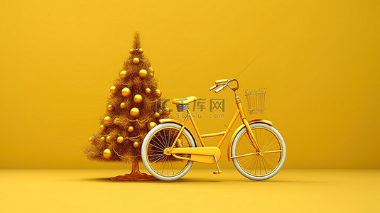 庆典请柬背景图片_圣诞快乐，骑着一辆老式黄色自行车，上面有圣诞树 3D 渲染插图
