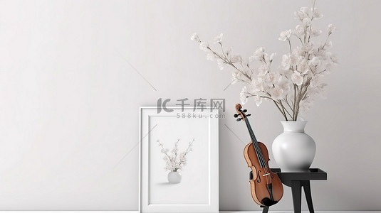 小提琴卡通背景图片_小提琴柜花和挂在白墙上的模型海报框架的 3D 渲染
