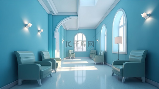 医院房间背景图片_等候室内部概念的蓝色主题 3D 渲染