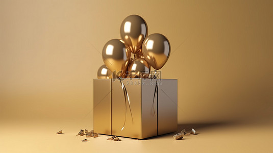 金色礼盒背景图片_极简主义背景，上面有一个 3D 渲染的金色礼盒，上面有一个气球