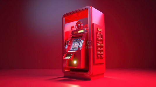取款机卡通背景图片_现代商业技术的最先进的红色 ATM 3D 渲染