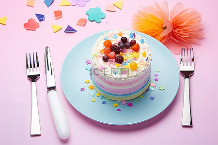 生日物品背景图片_一个蛋糕，旁边有两个盘子，一把叉子和一把刀以及其他物品