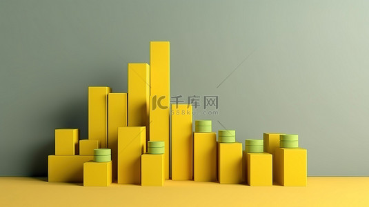 黄色图条的 3D 插图表明业务增长和发展以取得成功的结果