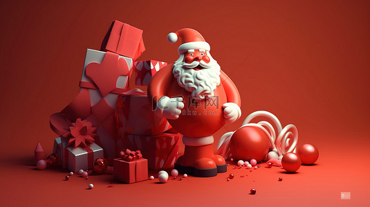 节日场景 3d 圣诞老人携带礼物糖果和装饰树