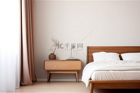 房间里有床背景图片_白色的床，房间的角落里有一个木制梳妆台