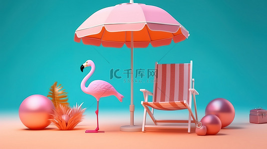 夏季乐趣的 3D 插图，带有火烈鸟漂浮沙滩伞相机沙滩球太阳镜和沙滩椅