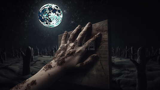阴森森的 3d 僵尸手从墓地中出现在月光下的一块木牌上