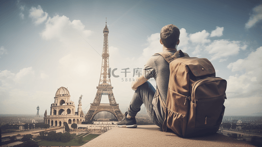 旅游场景背景图片_法国埃佛尔铁塔旅行家蓝天白云旅游广告背景