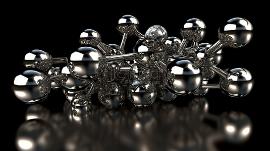 液体和金属材料结合在抽象分子结构 3D 渲染与反射