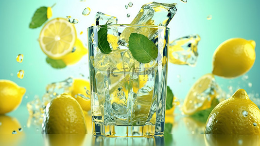 清爽夏季冰背景图片_清爽的柠檬薄荷和冰饮料 3D 渲染玻璃与落片