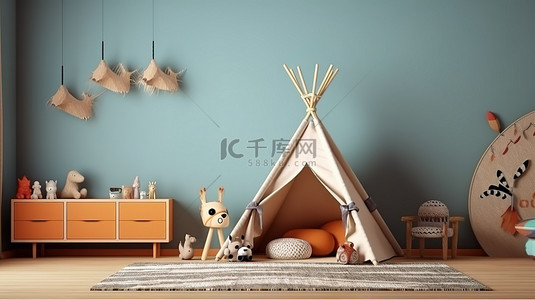 印度风格的儿童房，配有相框帐篷和 3D 渲染的玩具抽屉柜