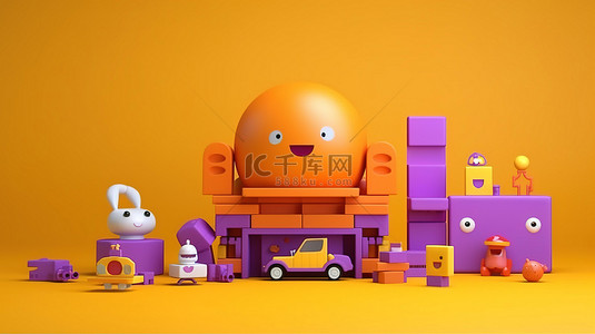通背景背景图片_橙色角色玩具在俏皮的紫色儿童游乐场环境中的 3D 渲染