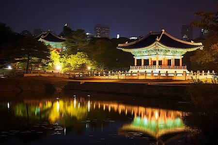 寒假旅行记背景图片_首尔城市公园在晚上与寺庙和宫殿