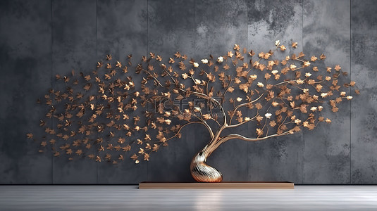 3D 渲染的金属金和铜树在灰色的墙上，带有抽象的扭曲