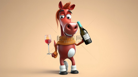 搞笑的 3D 马人抓着一瓶酒