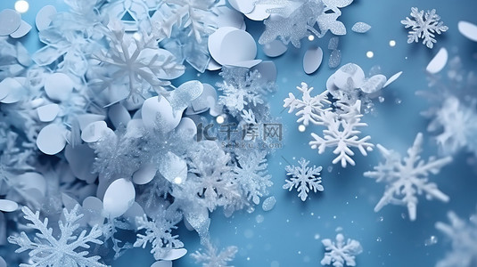 下雪的冬季仙境蓝色背景与 3d 飘落的圣诞雪花和节日装饰品
