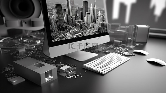 网页控件背景图片_桌面上计算机的黑白图形设计的 3D 渲染