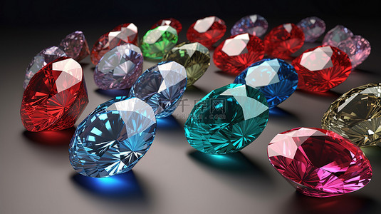 3d 渲染钻石镶嵌各种形状的彩色宝石
