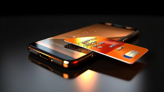 背景中信用卡和智能手机的无现金购物 3D 渲染