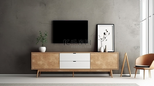 时尚的灰色和木质简约客厅，配有电视柜和相框 3D 渲染