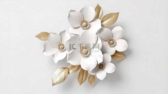 纯白墙壁 3D 渲染上展示的精美精致的手工纸花