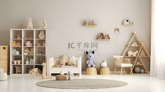 软的背景图片_儿童房的 3D 渲染，配有舒适的床和白墙上可爱的软玩具